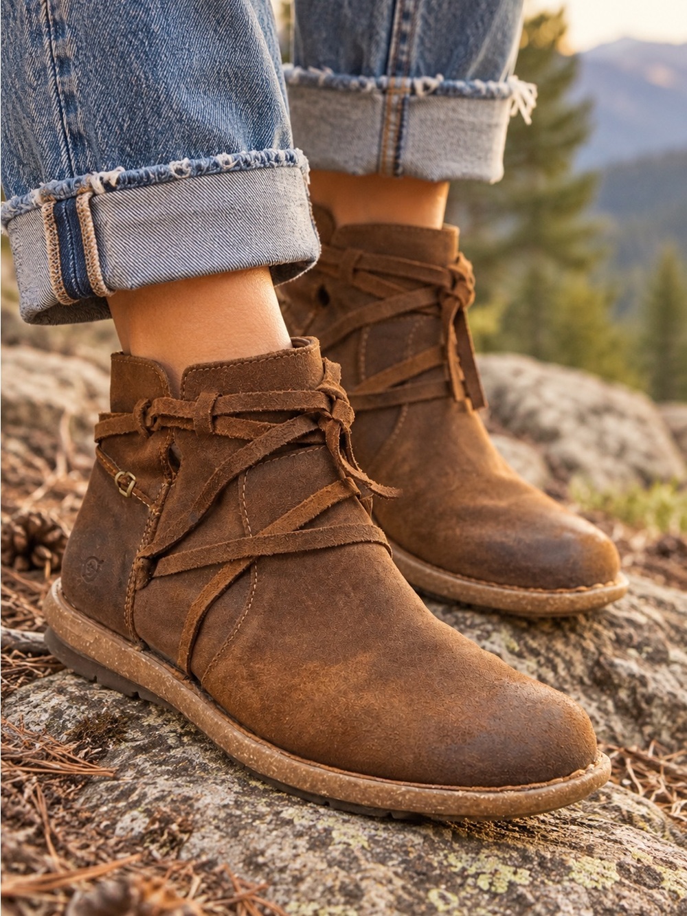 Børn Tarkiln Brown Suede Wrap Ankle Booties Boho Leather Boots Size 8.5 EUC